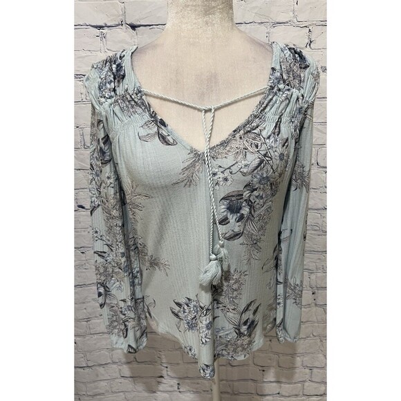 Lucky Brand Tops - Lucky brand blue floral long sleeve tie neck long sleeve top blouse Small